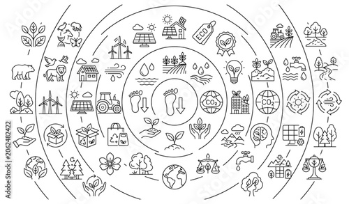Cuadro en lienzo Environmental Outline Icons Set with Biodiversity Renewable Energy Ecology and G
