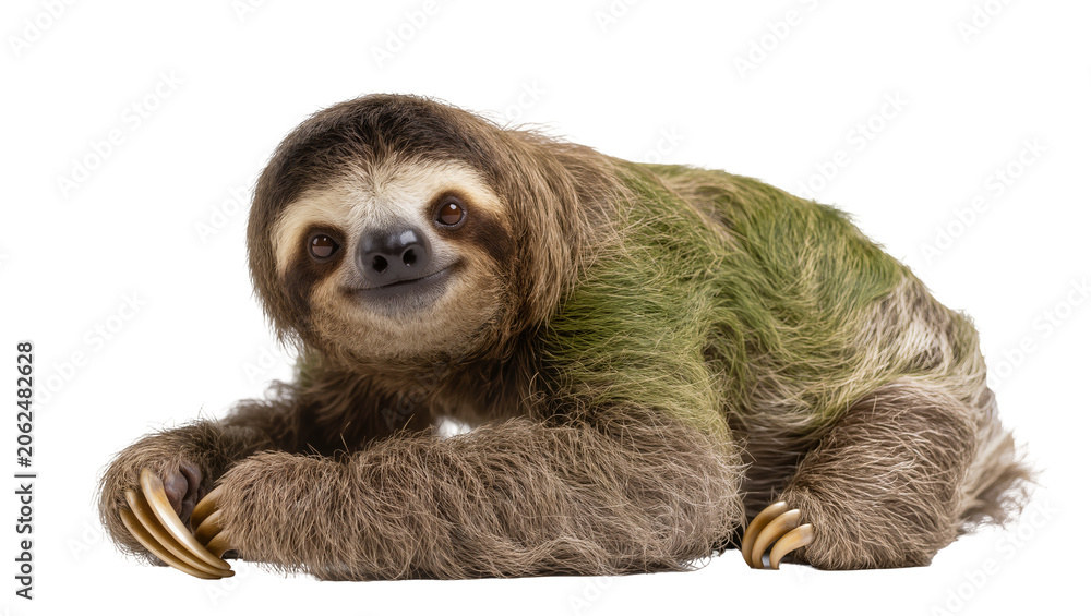 Fototapeta premium Three-toed sloth with green algae on fur lying down