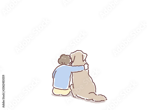 大型犬に寄り添う少年の後ろ姿のイラスト
