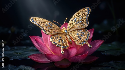Ornate golden butterfly jewelry resting on a vibrant pink lotus flower