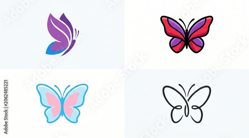 Set of four minimalist butterfly logo icons in various artistic styles
