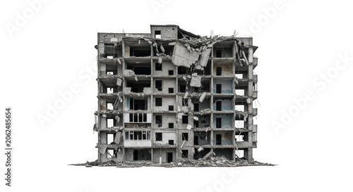 Destroyed residential building after a bombing, ruined apartment block, war damage in ukraine, isolated on transparent background