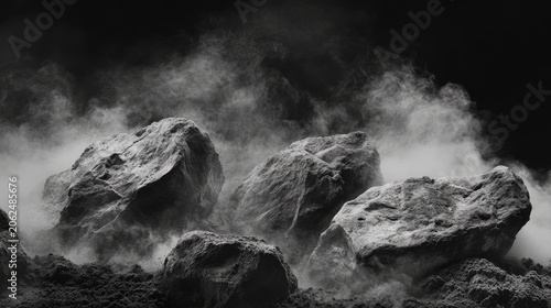 Monochrome rock formations shrouded in ethereal mist creating a dramatic landscape scenery