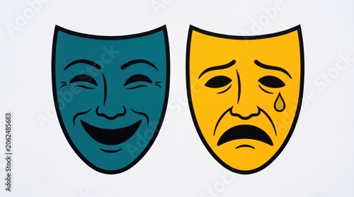 Teal happy and yellow sad theater masks representing duality of human emotion