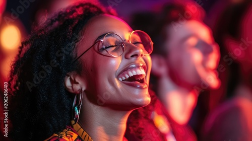 Radiant joy expressive energy of a woman illuminated in vibrant red light sharing laughter