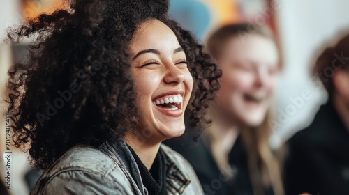 Radiant joy captures a young woman's laughter in a light-hearted gathering of friends
