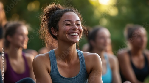 Radiant Smile: A Group of Young Women Find Joy and Connection in Outdoor Fitness Activity