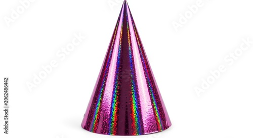 Shiny metallic pink holographic party hat featuring a cone shape and iridescent finish, isolated against a white studio background, pink, glow, accessory