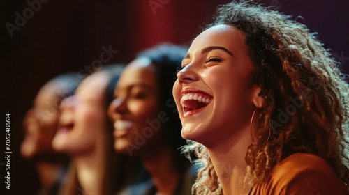 Radiant smiles: a line of diverse women sharing moments of genuine happiness and laughter