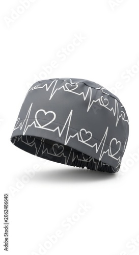 Elegant gray reusable scrub cap featuring a white heartbeat pulse pattern, isolated on a clean background for healthcare environment use, line, accessory, isolated