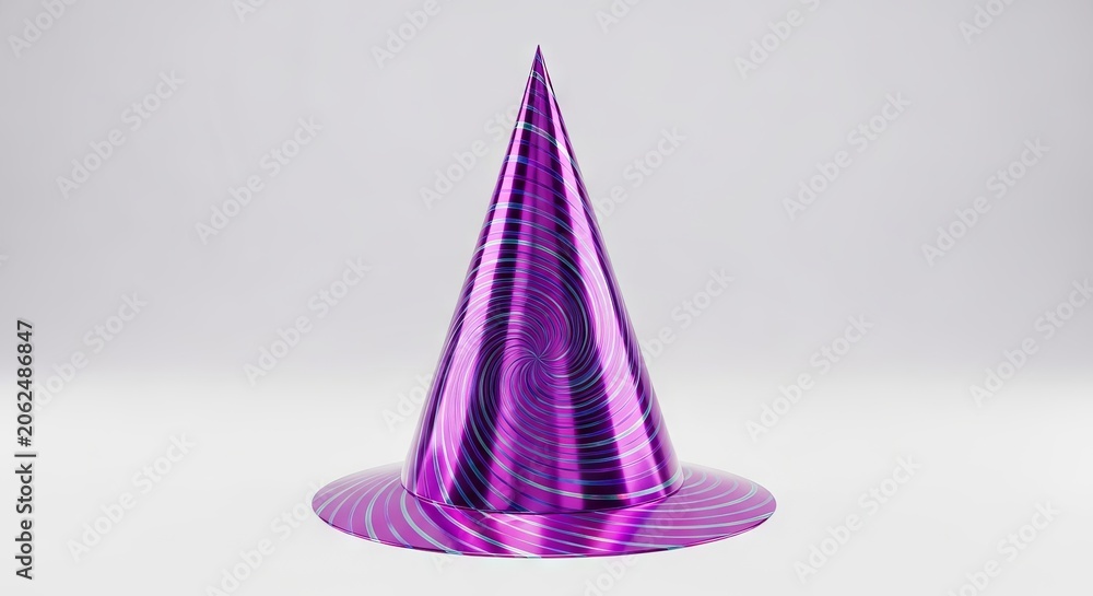Fototapeta premium Metallic purple holographic party hat featuring a spiral design and reflective surface textures, isolated on a clean white studio backdrop, metallic, hologram, accessory