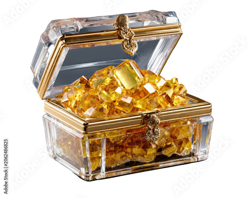Treasure Chest Overflowing with Jewels: A magnificent crystal treasure chest brimming with glittering golden jewels, symbolizing wealth and opulence.
