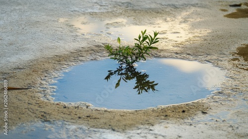 Resilient sprout thriving in a puddle of water offering a serene landscape view showcasing