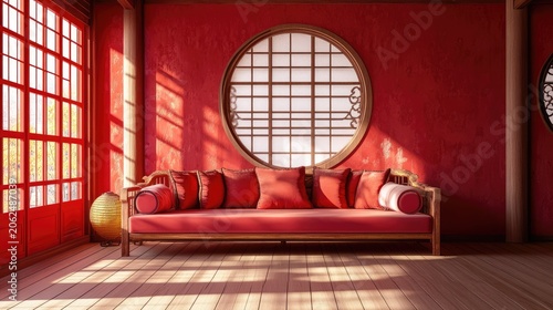 Serene oriental interior with red walls a traditional sofa and round windows offering tranquil