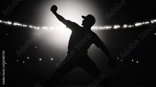 Silhouette of a baseball pitcher preparing to throw under stadium lights embodies focus