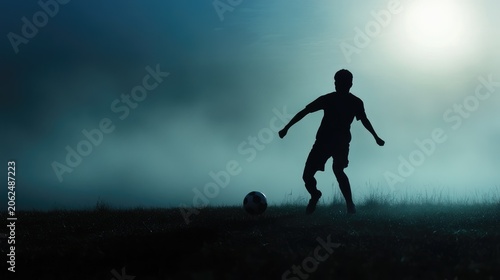 Silhouette of a soccer player kicking a ball in foggy weather at night or dusk athletic prowess
