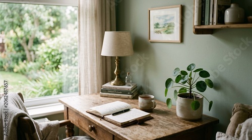 Person reading glasses on textbook at wooden desk in cozy room with plants and books by window
