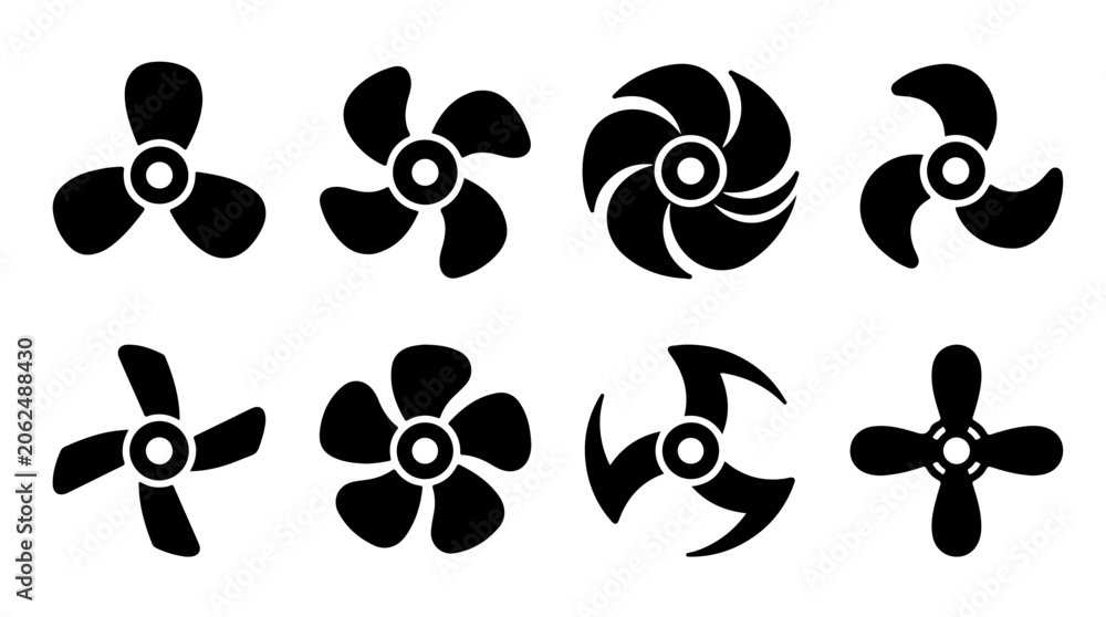 Fototapeta premium Fan Blade Icon Set Representing Airflow, Rotation, and Energy Efficiency in Bold Black‑and‑White Vector Style