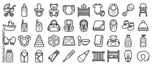 Foto Set of baby care outline for coloring book pages featuring nursery essentials, t