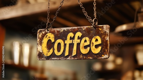 Vintage coffee sign hanging in a cafe, evokes a sense of artisanal craftsmanship and welcoming