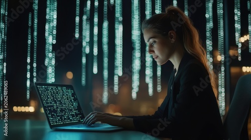 Woman coding in a modern office with digital rain backdrop showcasing technological expertise