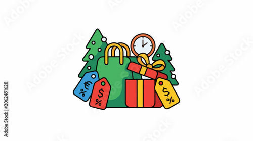 A colorful illustration of a green shopping bag with a red gift box and Christmas trees