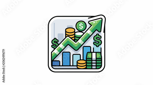 A colorful icon showing a green arrow, coins, and graphs on a white background