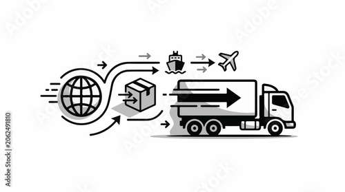 A diagram showing a truck with a box and arrows illustrating global shipping