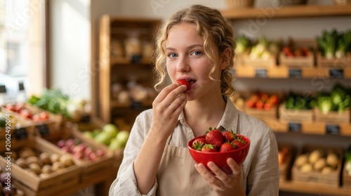 Young woman eating fresh red strawberries while standing in an organic grocery store