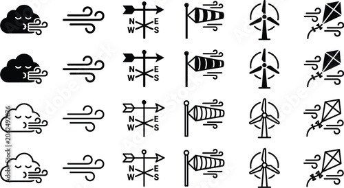 Fotografie Wind and weather forecast vector icon set featuring wind blowing cloud, weather vane compass, windsock, renewable energy wind turbine, and flying kite elements