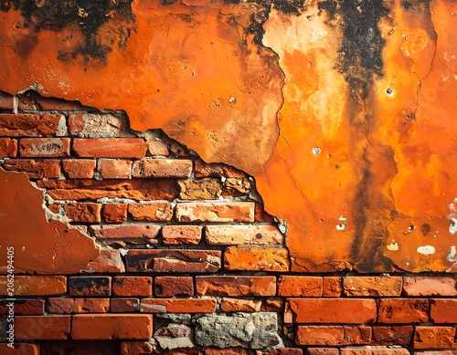 A crumbling orange wall with exposed red bricks and peeling paint
