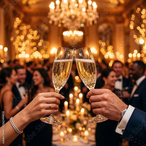 Elegant couple clinking champagne flutes at a luxurious gala dinner with chandeliers and candlelight in a grand ballroom