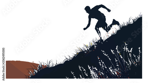Schilderij op canvas Athlete running uphill on a grassy slope in silhouette for a challenging fitness or determination themed banner