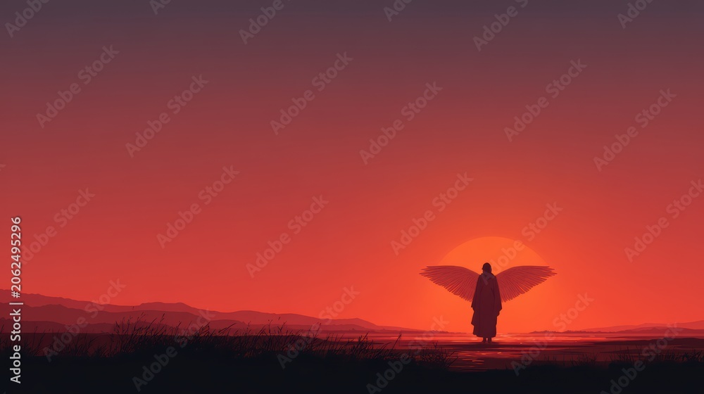 Naklejka premium Serene Sunset with Silhouette of Figure and Angelic Wings