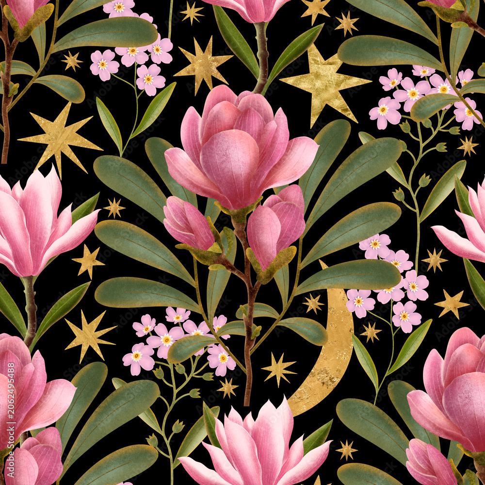 Naklejka premium legant watercolor seamless pattern with branches of pink magnolia on a dark background. The composition is adorned with graceful golden stars and thin crescent moons, creating a fairytale night atmosp