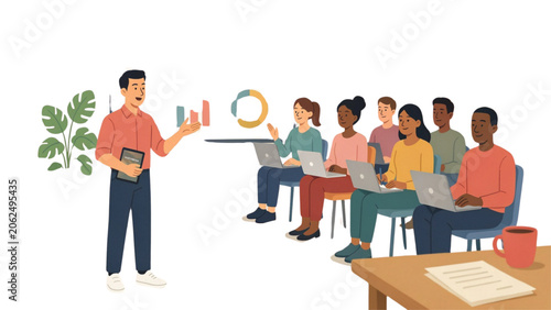 Fotografie Illustrated teacher giving presentation to attentive students in classroom Vecto