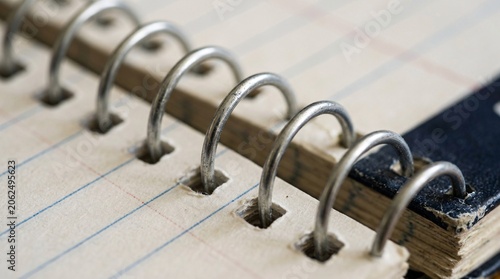 A close-up view of a spiral bound notebook open to a blank lined page with metal rings.