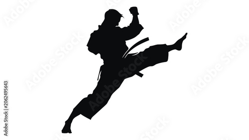 Cuadro en lienzo Karateka performs a dynamic jumping kick against a solid white background in this martial arts pose