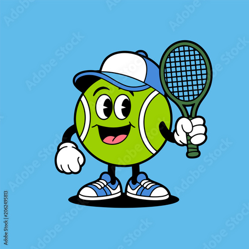 Cute Tennis Ball Mascot Holding Racket Cartoon Sports Illustration