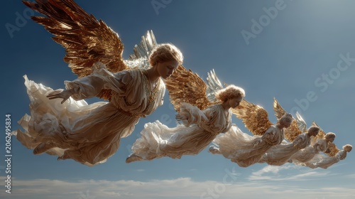 Ethereal Angels with Golden Wings Soaring in a Clear Blue Sky