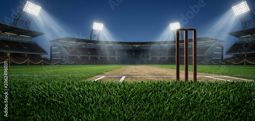 Cricket stadium night view, professional sports field lighting, empty cricket ground pitch, floodlit stadium atmosphere, cricket game venue, modern stadium architecture, night sports arena, internatio