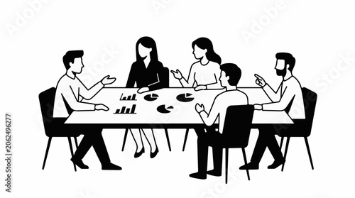 A black and white illustration of people sitting around a table with charts