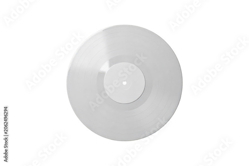 A single white vinyl record disc with a blank white center label viewed from a top-down perspective isolated on a transparent background