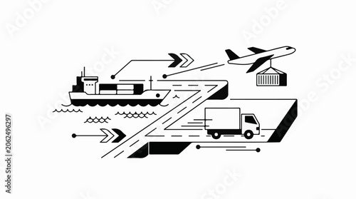 A black and white graphic depicting various modes of transportation (1)