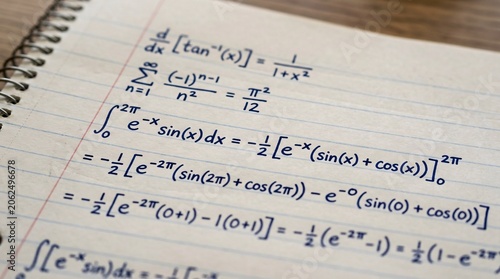 A close-up view of mathematical formulas written on lined paper in a notebook with equations and integrals on a wooden surface