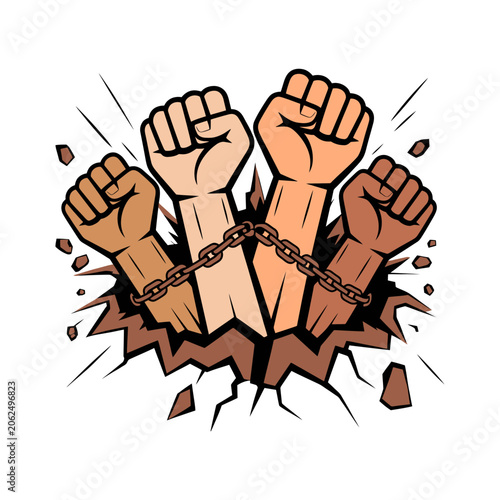 Raised Fists Breaking Chains Symbol of Freedom and Unity