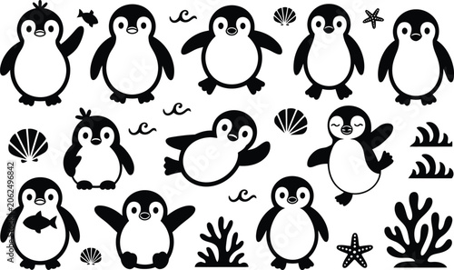 Foto Cute cartoon penguin character collection set with antarctic character wildlife
