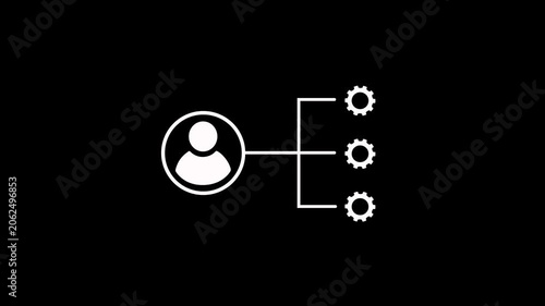 Animated gear with project manager icon on black background. Stakeholders management icon concept. Man people and gear icon. Motion graphics of setting concept with alpha channel
