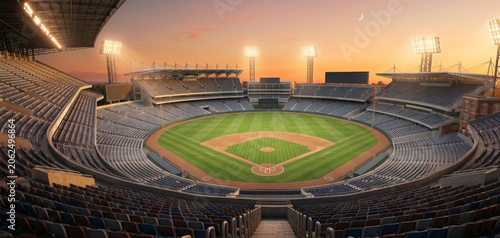 Golden hour stadium view, sunset baseball field, evening arena lighting, empty sport park, professional baseball ground, dramatic sky stadium, atmospheric sport background, wide shot arena
golden, hou