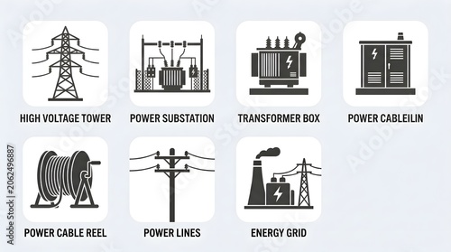 Energy icons, power infrastructure symbols, electricity transmission illustrations, industrial icons set